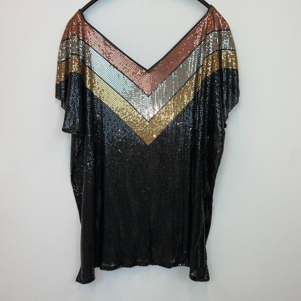 Vintage Women's Black and Gold Luxury Blouse Bronze and Silver Metal Size M